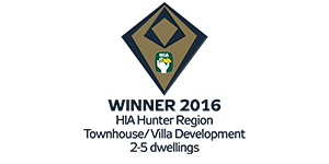 HIA Hunter Region Winner 2016 logo for Townhouse/Villa Development, highlighting achievements in sustainable construction by Living Green Designer Homes.