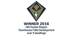 Winner 2016 HIA Hunter Region Townhouse/Villa Development award logo, representing excellence in sustainable housing design by Living Green Designer Homes.
