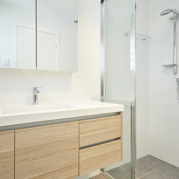 Modern bathroom design featuring a sleek vanity with wooden cabinetry, a minimalist sink, and a glass shower enclosure, showcasing sustainable materials and premium finishes in the Seabreeze housing development by Living Green Designer Homes.